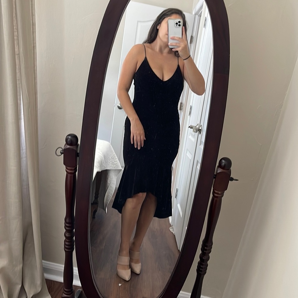 Necessary Objects Black Velvet Midi Dress with Ruffle Bottom - NWT
